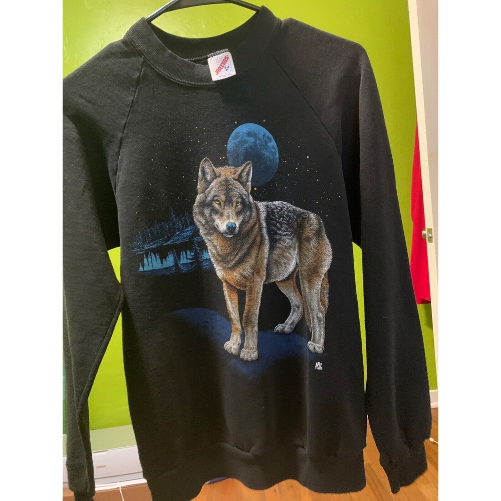 Vintage 80s screen printed Wolf In The Night Moon crewneck Sweatshirt - medium